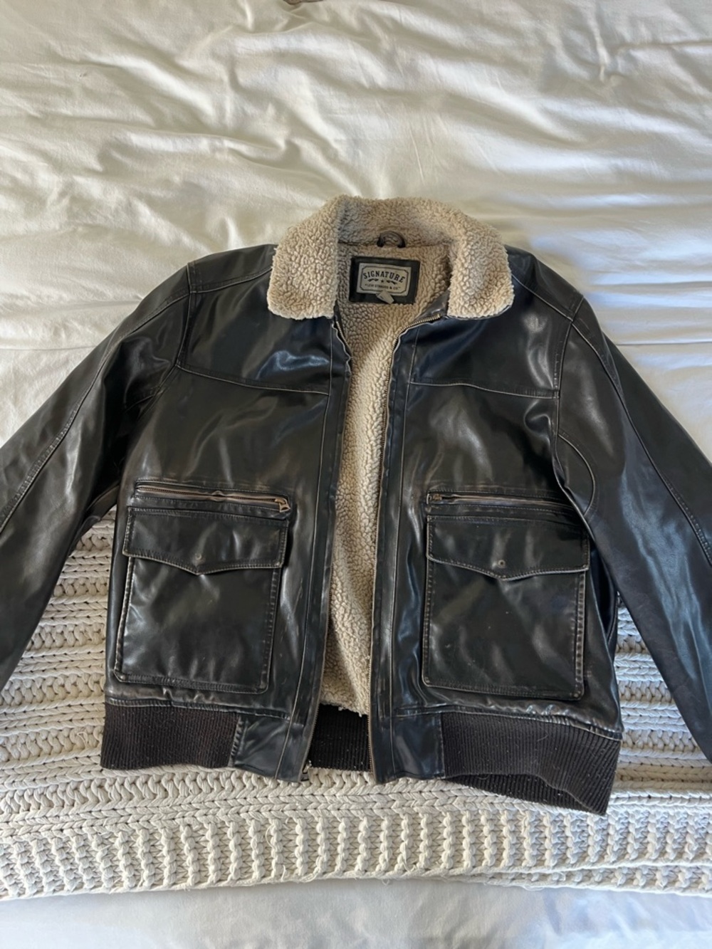 Levi's Black Leather Jacket with Cream Sherpa Lining